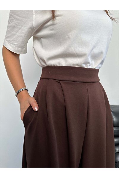 Hatun Atila Modal Fabric Wide Leg Palazzo Pants with Elastic Waistband and Battery Detail on the Back 8903 - Brown