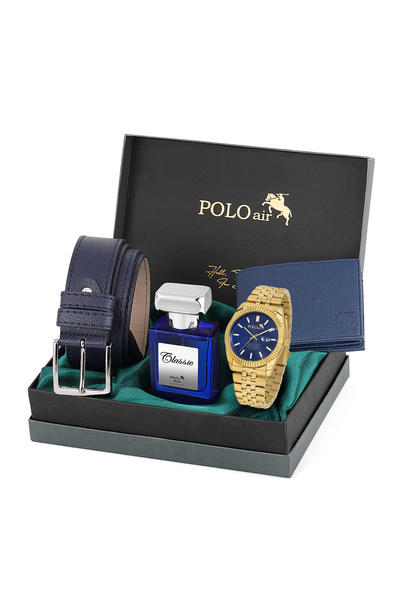 Polo Air ساعة يد رجالية مع عدسة وتقويم وحزام ومحفظة وعطر 55 مل، لون ذهبي وأزر...