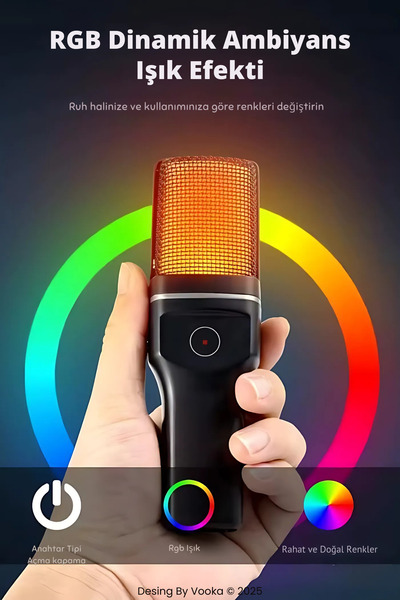 VOOKA RGB Işıklı Kablosuz Condenser Mikrofon – Tripod Standlı, USB & Type-C Dongle, 2.4G Wireless, Online