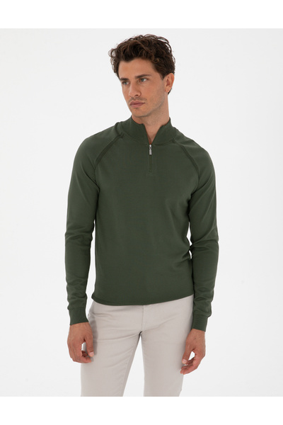 Pierre Cardin Dark Khaki Slim Fit Stand Collar Zippered Knitwear Sweater 50315752-Vr111