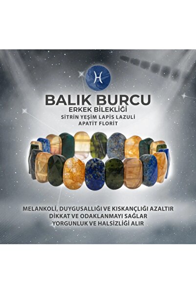 Deniz Doğal Taş Fish Zodiac Natural Stone Wide Cut Men's Bracelet