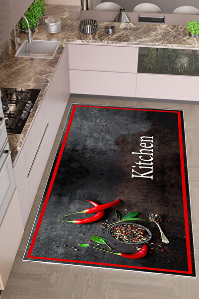 THEMODERNHANE Dijital Baskılı Makinede Yıkanabilir Kaymaz Tabanlu Antialerjik Kaymaz Leke Tutmaz Mutfak Halısı