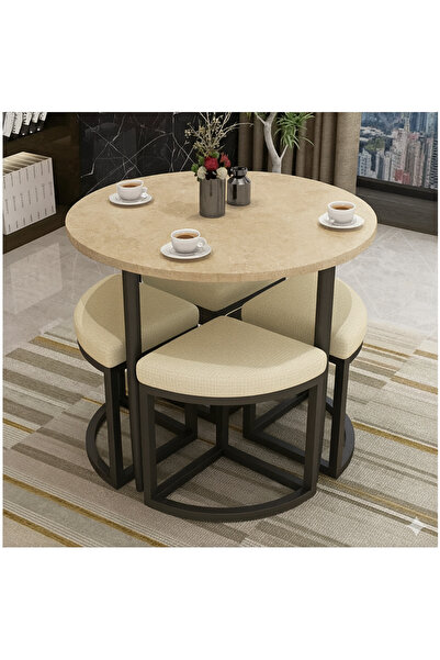 EDMONDA EV AKSESUAR ALARA YUVARLAK YEMEK MASASI TAKIMI 4 KİŞİLİK BALKON MASAS...