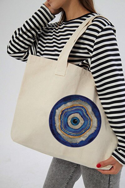 Çınar Bez Çanta Οριζόντια πάνινη τσάντα με στάμπα με μπούμπια του κακού ματιού