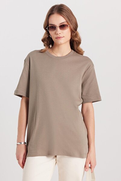 Tudors Women's Relax Fit Comfortable Cut 100% Cotton Soft Textured Lightweight Thick Basic Crew Neck Stone T-Shirt