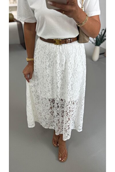 Sezgi Tekin Fusta din dantelă ecru cu detaliu de căptușeală elastică în talie