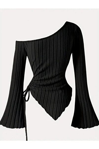 Wild Flower Bluză de tricotat neagră asimetrică cu un singur umăr pentru femei – mânecă spaniolă, cu detaliu de șnur