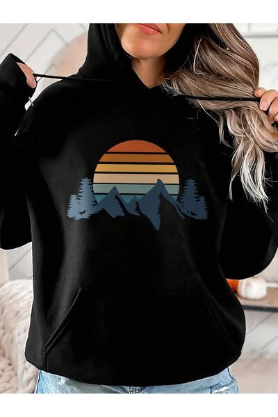 DİSCOST هوديي سويت شيرت أسود كبير الحجم مطبوع عليه شمس وجبال مخططة