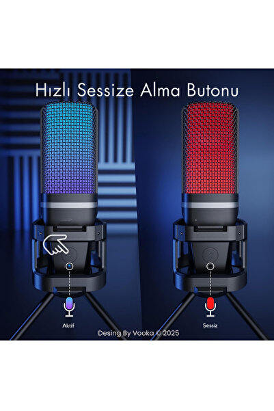 VOOKA RGB Işıklı Kablolu Condenser Mikrofon – USB Bağlantılı, Tripod Standlı, Pop Filtreli, Online Ders,