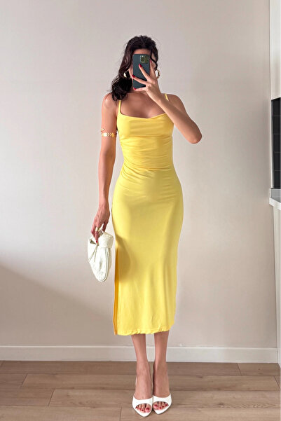 MODA Kadın Sarı Askılı Yırtmaçlı Uzun Elbise 1009-1034