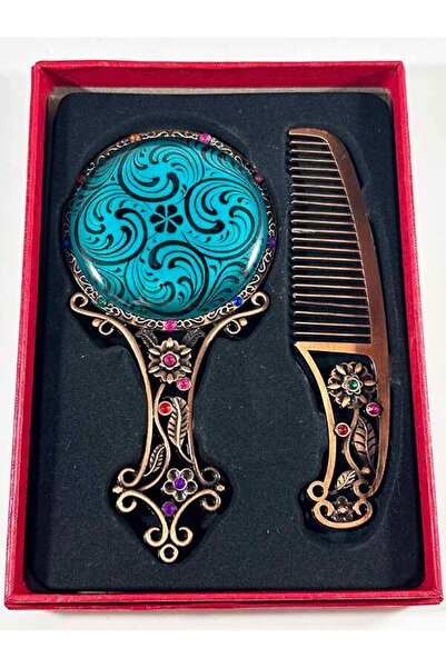 Çini Evi Mavi Zemin Haliç Desenli Taraklı Ayna Seti