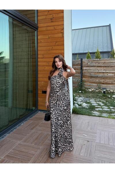 BAŞARAN Leopard Pattern Satin Dress