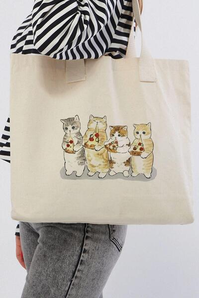 Çınar Bez Çanta Οριζόντια πάνινη τσάντα με τυπωμένη εικόνα γάτες που τρώνε πίτσα