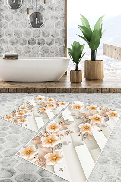 Pelura Halı Digital Printing Flower Pattern Non-Slip Base Set of 2 Bath Mat T...