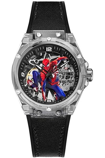 Police ساعة سبايدر-سينس للرجال مقاس 44 مم بمينا شفاف وسيليكون أسود