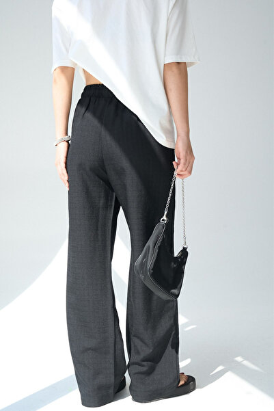 LOOSH Kadın Siyah Yüksek Lastik Bel Geniş Kesim Keten Dokulu Palazzo Pantolon