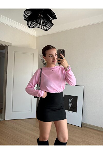 BAŞARAN Ροζ πλεκτό πουλόβερ με λεπτή λαιμόκοψη