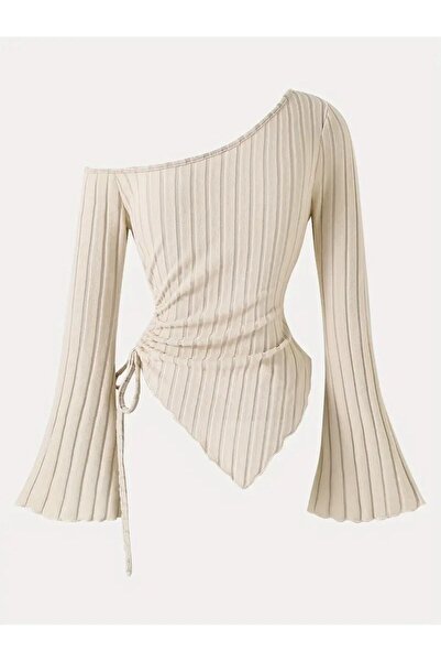 Wild Flower Kadın Bej Asimetrik Tek Omuz Triko Bluz – İspanyol Kol, Büzgü Detaylı