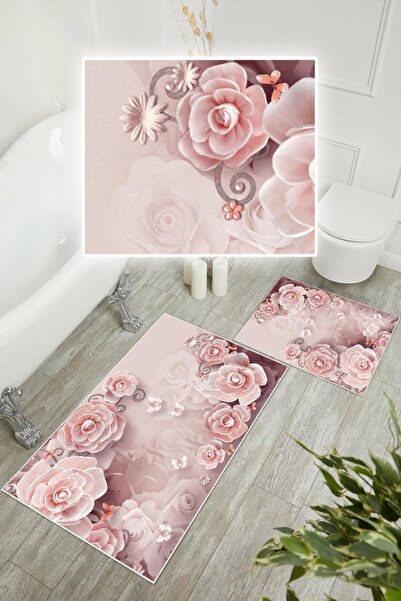 Pelura Halı Digital Printing Pink Rose Pattern Non-Slip Base Set of 2 Bath Mat Toilet Set (50X60Cm-60X100Cm)