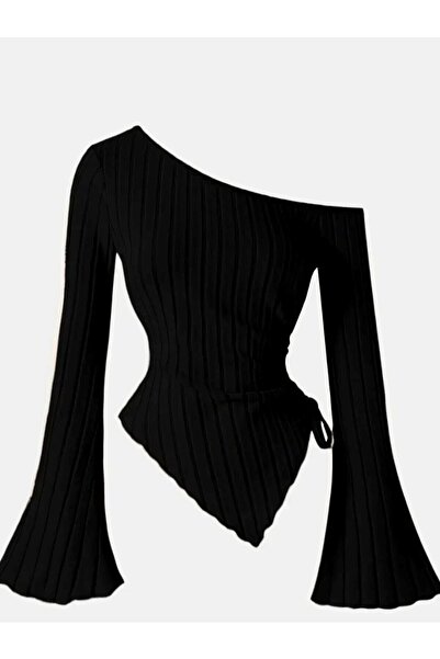 Wild Flower Bluză de tricotat neagră asimetrică cu un singur umăr pentru femei – mânecă spaniolă, cu detaliu de șnur