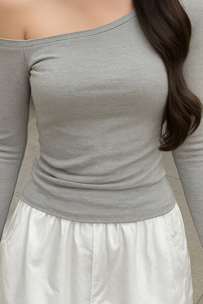 Tarz Cool Gray Women's Off Shoulder Boat Neck Tight/Slim Long Sleeve T-Shirt