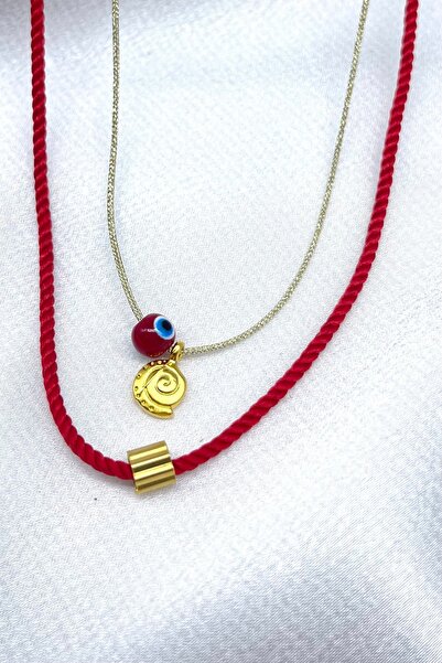 Concept HuBuTU Minimal Altın Kaplama Objeli Gold İp ve Burgulu Kırmızı İp Şan...