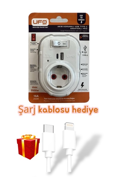 UFO Akım korumalı priz anahtarlı ve usb type-c beyaz renk termal 3000 watt telefon şarj kablosu hediyeli