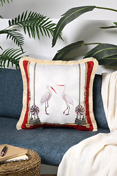 decofav غطاء وسادة مخملي مزين بشراشيب بتصميم طاووس بإطار أحمر - مقاس 43x43 سم