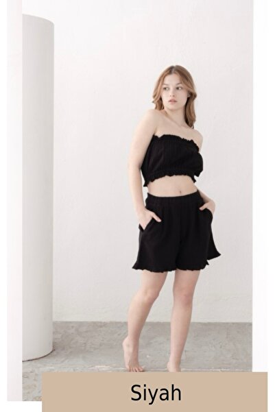 Çeşme Home Strapless Top & Shorts Two-Piece Set Comfortable Summer Muslin Fabric Black/Khaki