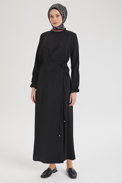 Armine TREND Armine Trend Dress with Elasticated Sleeves and V-Neck Detail-Black 25Yt944