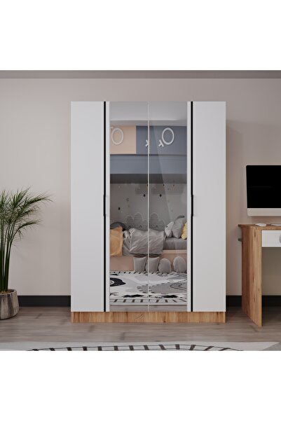 AZZURİ PİYANO 4 Kapaklı Dolap Genç Odası-Çocuk Odası Gardırop MEŞE Beyaz AYNALI
