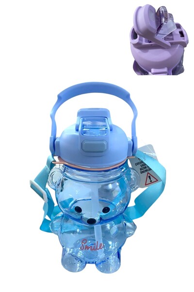 GÜZELYÜZ AVM Smile Ayıcıklı Mavi Renk Matara 1000 ML Askılı Pipetli Bottle Su...