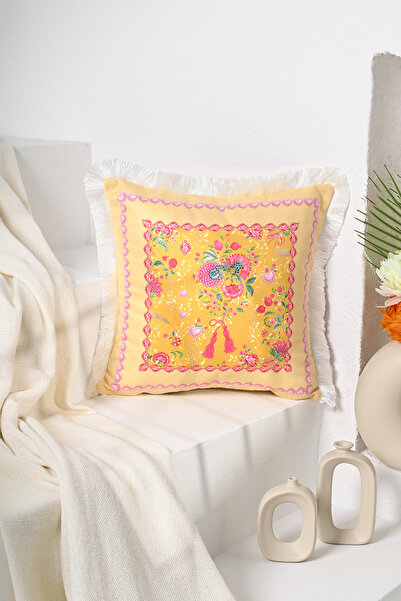 decofav Husă de pernă din catifea cu franjuri, cu flori galbene și inimioare ...
