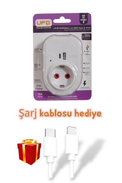 UFO Akım korumalı priz ve usb type-c beyaz renk termal 3000 watt telefon şarj kablosu hediyeli