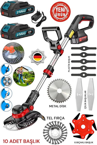 CETHERR GERMAN 866Rs Şarjlı Ot Çim Biçme Tırpan Makinesi 10 Başlıklı Çift Akü...