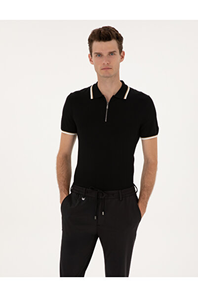 Pierre Cardin سترة تريكو سوداء ضيقة بياقة بولو وسحاب 50315745-VR046