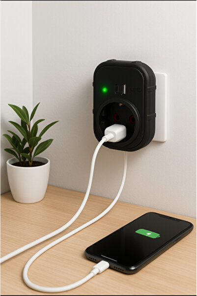 UFO Akım korumalı priz usb type-c siyah renk termal 3000 watt telefon şarj kablosu hediyeli