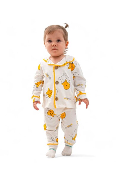 Egelite 0-6 Years Old Pooh Printed, Double-Breasted Collar Seasonal Buttoned Nightgown Pajama Set