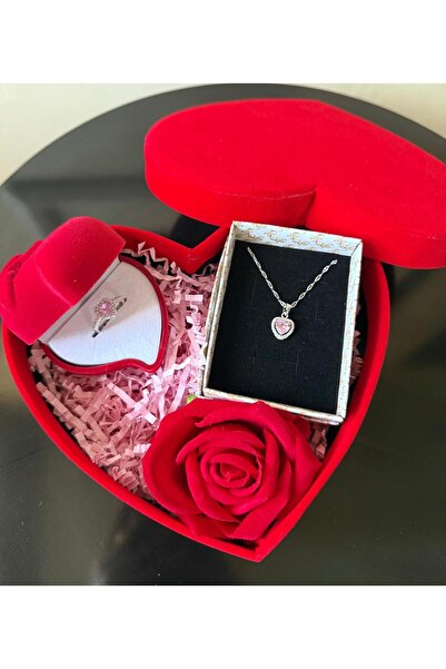HKN AVM ACCESSORİES Kalpli Kutuda Kalpli Pembe Yüzük Kolye 14 Şubat Sevgililer Günü Hediyesi