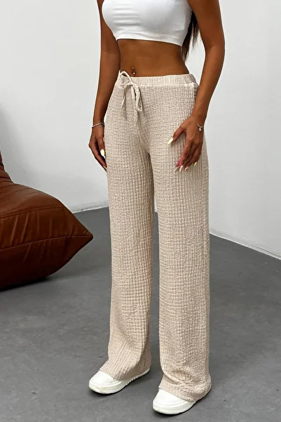 BİKELİFE Women's High Waist Wrinkled Detailed Seersucker Fabric Full Lycra/Flexible Trousers