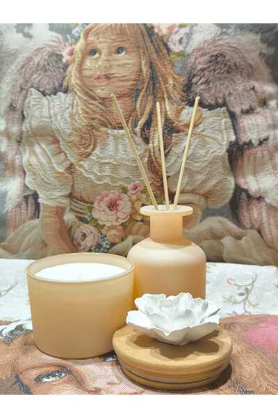 Mum Atelier Çiçek Başlıklı Taş Çiçek Detaylı Bardak Mum ve 1ooml Çubuklu Vani...
