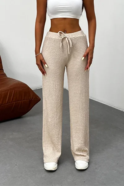 BİKELİFE Women's High Waist Wrinkled Detailed Seersucker Fabric Full Lycra/Flexible Trousers