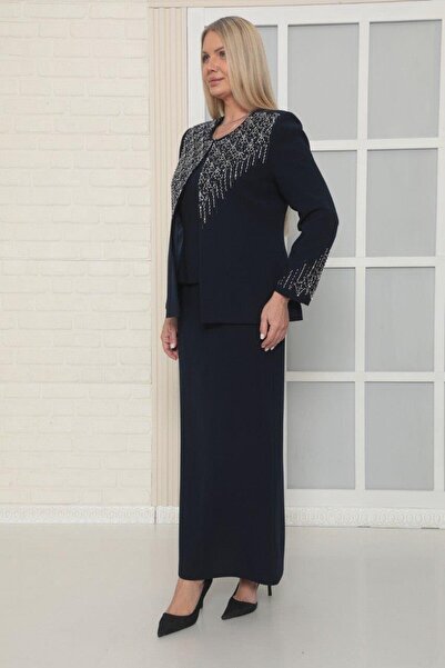 MİSS DİAMOND سترة أنيقة بتفاصيل تطريز حجري، طقم ثلاثي باللون الأزرق الداكن مع...