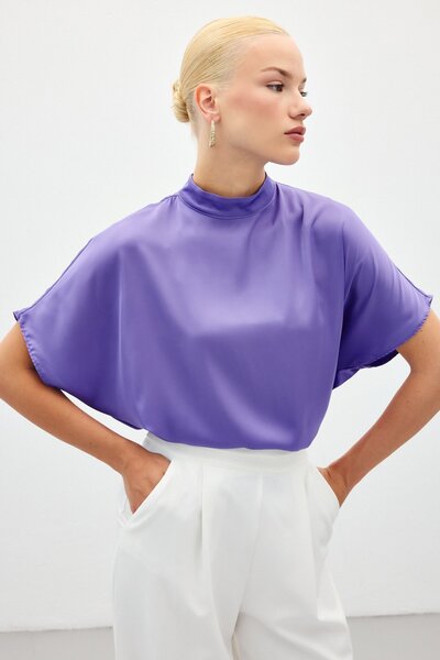 Sateen Bat Sleeve Casual Blouse - Lilac