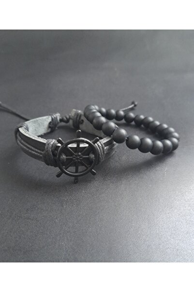 BSN Store 2-Piece Bracelet Sailor Premium Black Khaki Leather Bracelet with Ruder Figure Beaded Bracelet