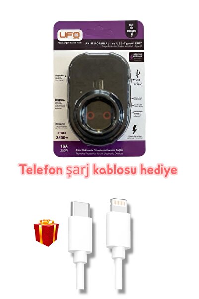 UFO Akım korumalı priz usb type-c siyah renk termal 3000 watt telefon şarj kablosu hediyeli