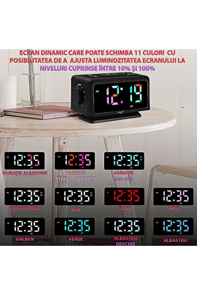 Unified Studios Ceas Digital LED RGB, 4 Luminozități, Radio FM, Alarmă Dublă, 2 USB, Mufă Căști