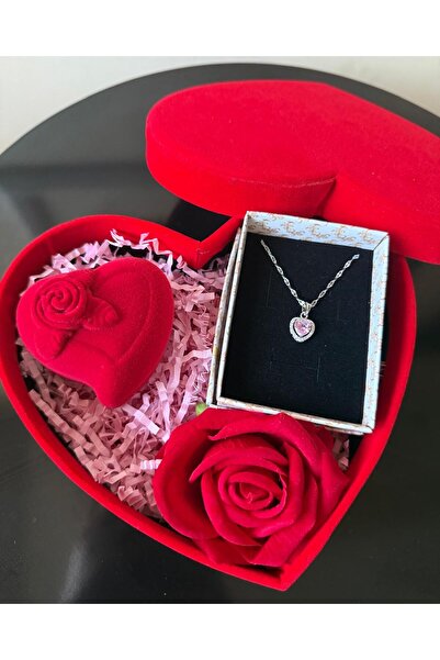HKN AVM ACCESSORİES Kalpli Kutuda Kalpli Pembe Yüzük Kolye 14 Şubat Sevgililer Günü Hediyesi
