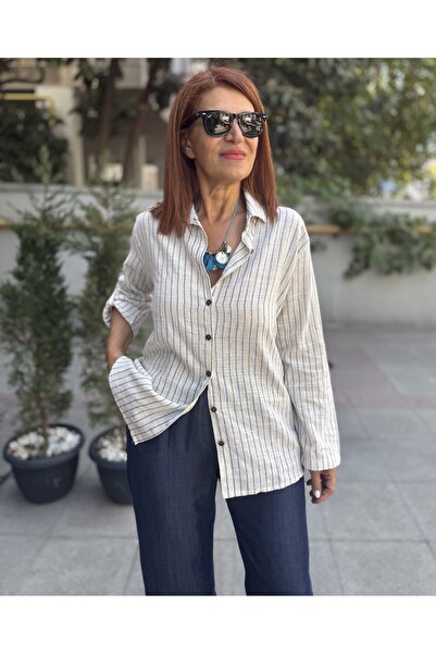 DenizEge Μπλε μπλέ βαμβακερό ριγέ πουκάμισο