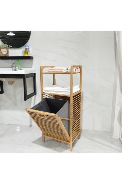 BLUE SİDE 100 Cm Pinterest Stil Doğal Bambu 2 Katlı Çamaşır Sepeti Organizer ...